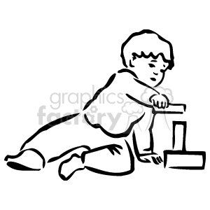 The image appears to be a simple black and white line drawing of a child playing with blocks. The child is sitting on the floor, stacking or arranging the blocks.