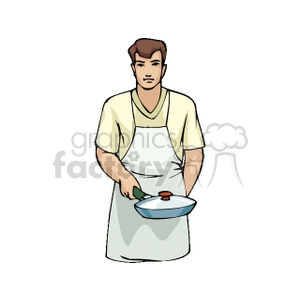 A man in an apron holding a frying pan