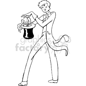The clipart image depicts a magician performing a magic trick. He is wearing a suit with a tie and has a confident smile. His pose suggests movement and flair, typical of a performance. He's pulling something out of a top hat, which is a classic magic trick.