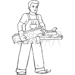 The clipart image depicts a carpenter holding lumber and a toolbox. The carpenter is dressed in work clothes with a tool belt and appears ready for work.