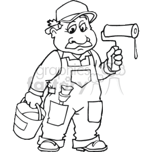 This clipart image depicts a caricature of a painter in work attire. The painter is holding a paint roller in one hand and a paint bucket in the other. The character is wearing a cap, overalls with pockets (which appear to hold brushes or other tools), and is looking straight ahead, possibly at the viewer.