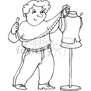 The clipart image shows a person presumably working as a tailor or seamstress. They are measuring a mannequin, which is wearing a shirt or a top, with a tape measure. The person has a smile on their face, suggesting they are content with their work.