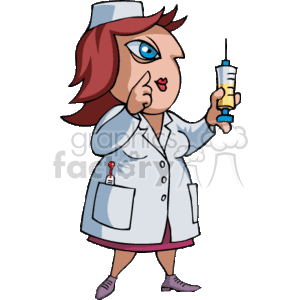 The clipart image depicts a cartoon of a nurse. The nurse is wearing a traditional uniform with a white dress, nurse's cap, and a stethoscope around her neck, indicating her medical profession. She is also holding a syringe with a needle, which suggests she might be preparing to give a shot or vaccine.