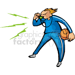 The clipart image depicts a stylized character representing a basketball coach blowing a whistle. The coach appears to be in motion, illustrated through dynamic lines, and is holding a basketball under one arm. The aggressive stance and the blowing whistle imply the coach is commanding attention or starting a play during a basketball game.