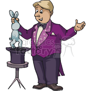 The clipart image depicts a magician performing a classic magic trick by pulling a rabbit out of a hat. The magician is dressed in a traditional magician's costume with a purple suit jacket adorned with star patterns and a matching bow tie. The magician is smiling and posing as if having just successfully completed the trick, with one hand extended to the audience and the other holding the hat with the rabbit. The stage magician appears confident and is standing next to a small round table. The background of the image is transparent.