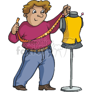 The clipart image depicts a person working as a tailor or seamstress. They appear to be measuring a garment on a mannequin with a measuring tape. The mannequin is displaying a sleeveless yellow top with darts pinned in place, suggesting the tailor is fitting or altering the garment.