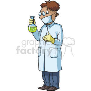 The clipart image depicts a scientist or a laboratory technician. The character is wearing safety goggles, a lab coat, and gloves. They are holding a flask containing a green liquid, indicating they might be conducting a chemical experiment or analysis.