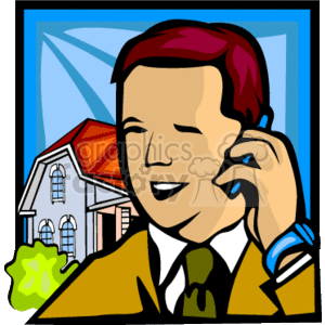 In the given clipart image, there's a cartoon representation of a real estate agent (or realtor) talking on a mobile phone. The agent is depicted as a smiling individual wearing formal attire: a suit with a tie. In the background, there is an illustration of a house, suggesting the context of real estate. The style is colorful and simple, typical for clipart.