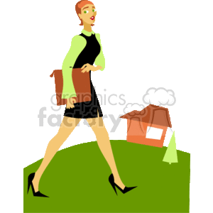 This clipart image features a stylized portrayal of a woman, who could be a real estate agent or realtor, walking confidently. She is wearing business attire which includes a dress, a green jacket, and heels. She also carries a brown briefcase, possibly containing paperwork or property listings. In the background, there are simplistic representations of a house and a small tree, which could symbolize home ownership and real estate.