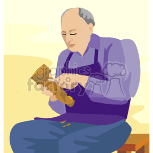 The clipart image depicts a senior man engaged in the craft of woodcarving. He is seated and appears to be carefully working on a piece of wood with a carving tool. The image showcases the man concentrating on his work, suggesting a moment of creativity or leisure activity often associated with retirement or traditional hobbies.