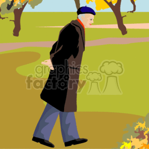 The clipart image shows a senior citizen man walking alone through a park during the fall season. The man is dressed in a long coat and a hat, indicating it might be chilly outside. Trees with autumn colors and fallen leaves can be seen in the background, enhancing the seasonal atmosphere.