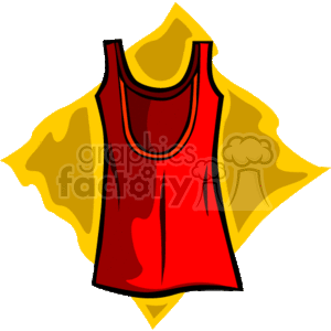 The image displays a graphic of a red tank top. The tank top is depicted against a two-tone yellow background that resembles a tropical aura.