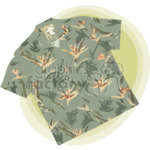 The image displays a folded Hawaiian tropical shirt featuring a floral pattern. The shirt's design includes tropical leaves and flowers, which are common motifs associated with Hawaiian-style clothing.