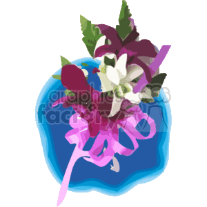 The image appears to be a stylized clipart of Hawaiian tropical flowers, possibly a bouquet or arrangement. The flowers are depicted in shades of purple and white with green foliage. The background is a simple blue shape, perhaps representing water or sky.