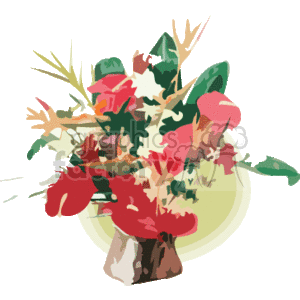 The clipart image displays a vibrant assortment of tropical flowers and foliage. There are flowers in hues of red and white, and various green leaves interspersed with some botanical elements that could signify grasses or palm leaves.