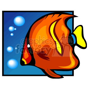 The image is a clipart of a stylized tropical fish, typically found in Hawaiian waters. The fish is colored with vibrant hues of orange and yellow, with noticeable white and black patterns, and has a blue background with white bubbles, suggesting that it is underwater.