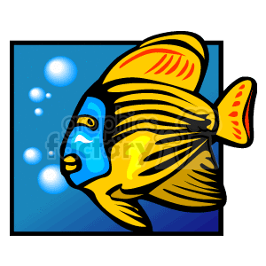 The clipart image features a brightly colored tropical fish with blue and yellow patterns, set against a blue background suggestive of underwater scenery. Bubbles are visible to the left of the fish, indicating that it is submerged.