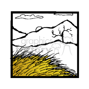 The image is a simple black and white clipart that depicts a mountainous landscape. In the foreground, there's what appears to be a field of grass. Above the mountain, there is a cloud which suggests it is a sky. There aren't any trees visible in this specific clipart.