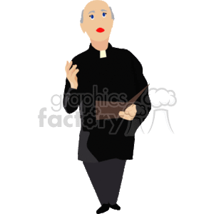 The image depicts a cartoon of a cleric, likely a Christian priest, given the clerical collar. The priest is depicted in a stance that suggests speaking or preaching and is holding a book, which could represent a Bible or hymnal. The figure is dressed in traditional clerical clothing typically associated with Christian clergy.