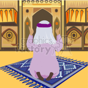 This is a clipart image of a Muslim man praying on a prayer rug facing an ornate mosque interior. The man is depicted from the back, wearing traditional clothing that includes a headscarf and a thobe, which signifies the cultural and religious context of the image.