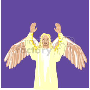 The image is a clipart of an angel with arms raised upwards, possibly in a gesture of prayer or blessing. The angel is depicted with wings and is wearing a long, flowing robe. The background is a solid color.