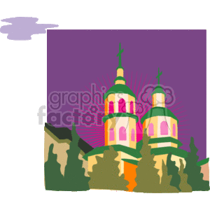 This clipart image displays a stylized representation of a church with two prominent domes topped with crosses, situated atop a hill or surrounded by foliage. The background features radiant beams of light emanating from behind the church, set against a purple sky. There's also a small cloud in the upper left corner.