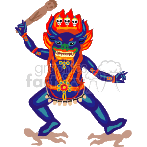 This is an illustration of a blue-skinned figure with multiple arms and a fierce expression. The figure has red facial features, wears orange and blue traditional attire with decorative elements, and is depicted in a dynamic pose holding a club in one hand. Multiple faces are depicted on the crown of the figure's head, suggesting a mythological or supernatural character. 