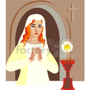 The image depicts a woman wearing a veil and praying with hands clasped together. She stands in front of an archway, possibly indicating she is inside a church or a chapel. There is also a Christian cross on the wall and a lit candle in a candlestick on the right side of the picture, suggesting a religious context.
