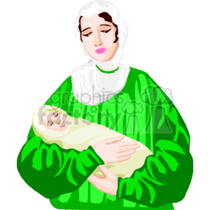 The clipart image depicts a religious scene from Christianity, featuring the Virgin Mary holding the baby Jesus. Mary is illustrated with a white head covering, wearing a green garment, and holding the swaddled infant who appears calm and serene. This image represents the nativity or the birth of Jesus, a central event in Christian belief.