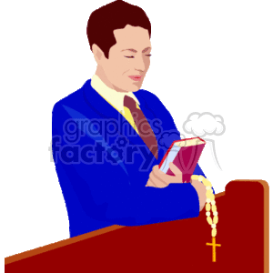 The clipart image depicts a man engaging in a religious practice by praying or reading a bible. He is dressed in a formal blue suit with a tie, and his eyes are closed in concentration or devotion. Additionally, he is holding a rosary with a cross in his left hand, which is a string of beads used in prayer in various religious traditions. The man seems to be standing at a podium, which suggests he may be inside a church or a place of worship.
