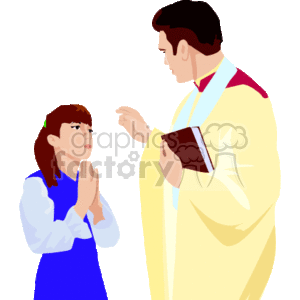 This clipart image depicts a religious scene where a priest, wearing a yellow robe with a red and white stole, is holding a book that could be a Bible, and appears to be offering a blessing or conducting a prayerful ritual. Facing him is a young girl with her hands clasped in prayer, wearing a blue dress, looking up towards the priest with a solemn or attentive expression.