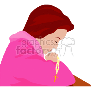The clipart image depicts a woman in prayer, her eyes closed and head bowed down, clasping a rosary with a cross in her hands. She is wearing a pink robe with a red head covering.
