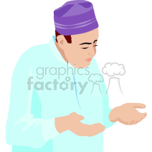 The clipart image shows a figure that appears to be a male religious individual who is engaged in prayer. The person is wearing a light blue tunic and a purple cap, which could suggest a cultural or religious context. His eyes are closed, and his hands are gently open and raised in what might be a gesture of supplication or reverence typical of many praying practices.