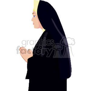 The clipart image depicts a nun in a religious habit, with her hands together in a pose commonly associated with prayer or devotion. She appears to be engaged in a moment of prayer or reflection, which signifies spirituality and piety within a religious context.