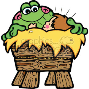 The clipart image depicts a whimsical scene with a green frog perched atop a thatched rustic-style crib or manger. Inside the crib, there appears to be a baby, possibly wrapped in swaddling clothes, giving the image a possible connection to stories of the baby Jesus' birth in Christianity. The style is cartoonish and vibrant.