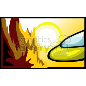 This clipart image depicts a classic green UFO or spaceship with a glossy surface and large windows, hovering in the sky near a fiery explosion or blast with a bright yellow and orange hue. A large yellow sun or celestial object is seen in the background.