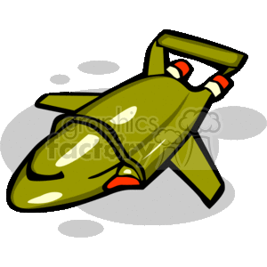 The image is a simple, cartoon-style illustration of a green spaceship or UFO with red detailing. The spaceship has a rounded body with a cockpit at the front, wings on the sides, and two engines or rocket boosters at the back. It appears to be floating or flying, as suggested by the white clouds or puffs of smoke below it, against a black backdrop that might imply space.