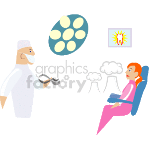 This clipart image depicts a dental check-up scenario. A dentist wearing a mask and white coat is holding a dental instrument, possibly getting ready to examine or treat a patient. The patient is sitting in a dental chair, wearing a pink shirt and purple pants, and appears to be relaxed. In the background, there are images of a set of healthy teeth and a symbolic representation of dental pain or toothache—often shown as a tooth with radiating lines indicating discomfort.