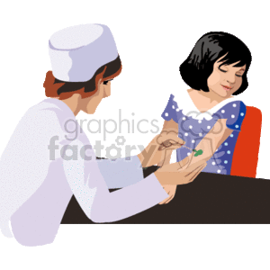 The clipart image depicts a healthcare scenario where a nurse is administering a vaccine or shot to a young girl. The nurse, in white medical uniform and cap, is holding a syringe and appears to be injecting the girl's arm. The girl, wearing a blue and white dress, seems calm and is looking away from the needle, potentially indicating bravery or distraction. The scene likely represents a medical, health, or vaccination concept.