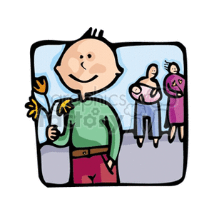 A smiling cartoon boy holding flowers with his mother and father and baby sister behind him