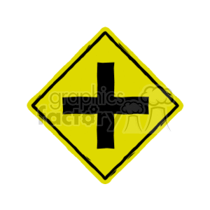 The clipart image shows a yellow diamond-shaped road sign with a black cross or plus sign, symbolizing an intersection ahead where two roads cross each other.