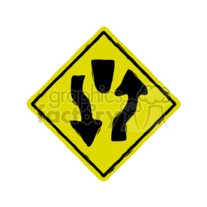 The clipart image shows a yellow diamond-shaped traffic sign with a black symbol indicating a split in the road ahead; the road ahead branches off in three different directions, suggesting a three-way junction or a possible divergence in the road where drivers will need to choose one of multiple directions.