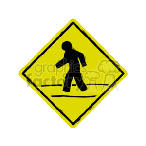 This is an image of a yellow diamond-shaped pedestrian crossing road sign. It features a symbol of a person walking within two horizontal lines that represent the crossing area.