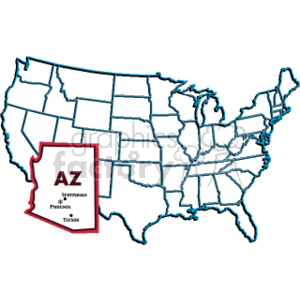 This clipart image features an outline map of the United States with the state of Arizona highlighted. There's a label over Arizona with the abbreviation AZ and names of cities - Scottsdale, Phoenix, and Tucson.