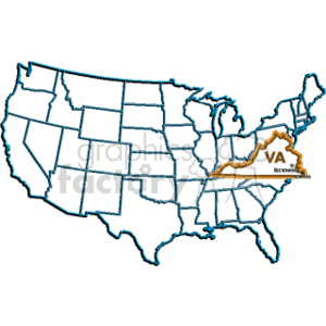 The clipart image shows a map of the United States with the state of Virginia highlighted. The highlighted portion also includes an abbreviation VA for Virginia, and the name RICHMOND positioned in the general area where the state capital, Richmond, is located.