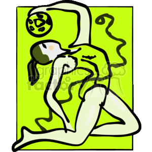 This clipart image depicts a simplified, stylized drawing of a woman performing a fitness exercise or a gymnastic pose. The background is a vibrant green color, and the woman is drawn with minimal detail, emphasizing the contours of her body in a dynamic position. She appears to have her leg lifted upwards while supporting herself with her arms. The style is abstract and does not provide detailed facial features or clothing, focusing instead on the form and movement of the body.
