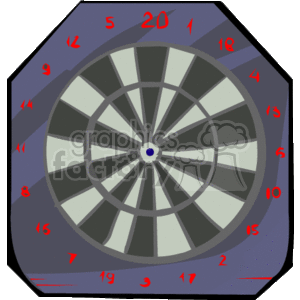 The clipart image depicts a standard dartboard with numbers ranging from 1 to 20, indicating the score values for the respective segments. The dartboard is presented in a stylized, graphic art form with contrasting grey and black colored segments, and a blue bullseye at the center. This board is typically used in the sport of darts.