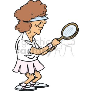This clipart image features a comical depiction of an elderly woman prepared to play tennis. She's wearing traditional white tennis attire, complete with a skirt and sneakers. Her hair is styled in a puffy, curly fashion and she's wearing a headband. She's holding a tennis racket in her right hand and seems to be focusing intently on the imaginary tennis ball she's about to hit.
