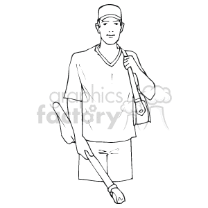 The clipart image shows a man who appears to be a fisherman. He's carrying a fishing rod in one hand and seems to have a tackle bag or box slung over his shoulder. The image is a simple black-and-white line drawing, and the man is wearing a casual outfit that could be suitable for a fishing excursion.