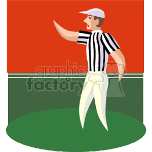 The clipart image depicts a football referee on what appears to be a football field. The referee is dressed in the traditional black and white striped shirt, white pants, and wearing a whistle. He is holding one arm outstretched, indicating a call or direction in the game.